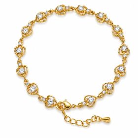 Gold Plated Open Heart Cubic Zirconia Link Bracelet For Women, Copper Base Adjustable Extension Chain Dainty Love Crystal Wedding Jewelry Gift (Option: With extension chains)