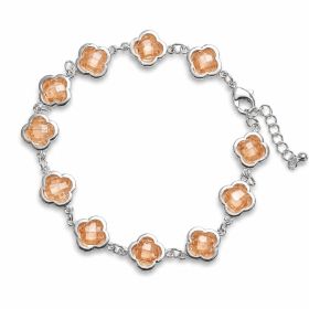 Four-Leaf Clover Red Cubic Zirconia Link Bracelet For Women, Copper Plated Silver Adjustable Extension Chain Lucky Charm Wedding Daily Jewelry Gi (Option: With extension chain  yellow)
