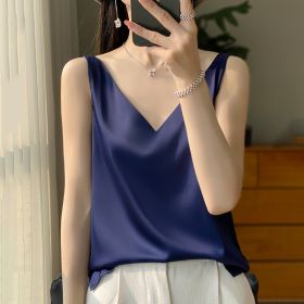 Sling Vest Inner Match Satin Silky Base Loose Sleeveless Top (Option: Navy Blue-S)
