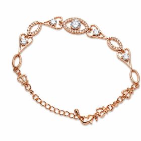 Rose Gold Heart & Oval Halo CZ Link Bracelet For Women, Copper Plated Silver Butterfly Decor Adjustable Extension Chain Dainty Wedding Party Crys (Option: With extension chain)
