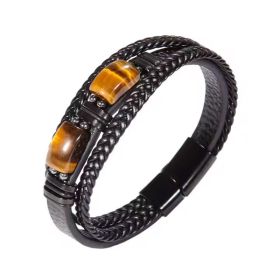 Natural Tiger Eye Stone Bracelet Healing Tiger Eye Quartz Leather Braided Gift (Option: Black)