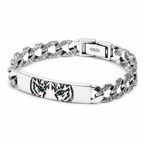 Vintage Engraved Tiger Head Curb Chain ID Bracelet For Men, Copper Plated Silver Inlaid Green CZ Eye Biker Punk Casual Wrist Jewelry Gift (Option: 18cm)