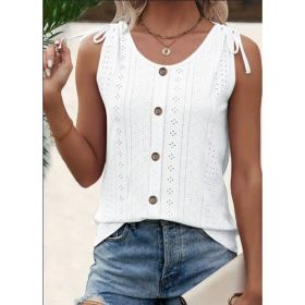 Eyelet Button Front Tank Top, Casual Sleeveless Tank Top For Summer, Women's Clothing (Option: Beige-S)