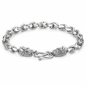 Double Dragon Head Braided Curb Link Bracelet For Men, Copper Plated Silver Vintage Chinese Lucky Dragon Toggle Clasp Biker Punk Wrist Jewelry Gi (Option: 18cm)