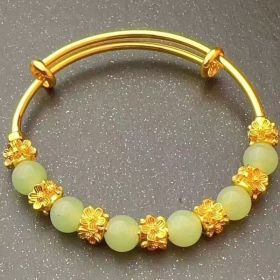 Brass Gold-plated Chalcedony Flower Pull Bracelet Hand Accessory Ancient Style Women's Light Luxury Versatile High-end Feeling Bracelet (Option: Jade agate flower pushpull br)