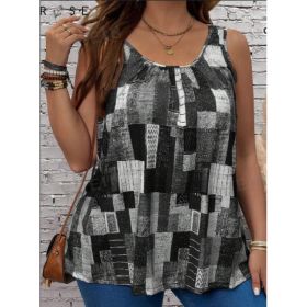Plus Size Women's Summer Geometric Printed Round Neck Pleated Casual Tank Top (Option: Black-S)