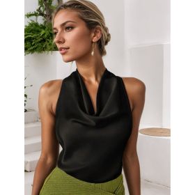Women Solid Color Swing Collar Sleeveless Vest Trendy Elegant Shirt With Halter Neckline Backless Short Sleeve Tops Tshirts (Option: Black-S)