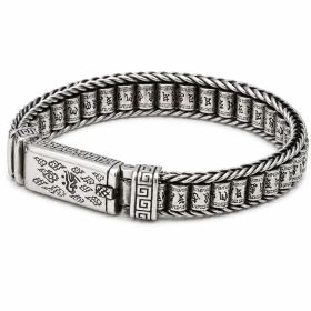 Antique Tibetan Mantra Braided Chain ID Bracelet For Men, Copper Plated Silver Vintage Oxidized Buddhist Scripture Biker Lucky Wrist Jewelry Gift (Option: 18cm)
