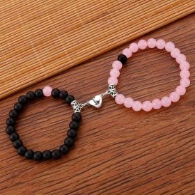 A Pair Of Pink And Black Beaded Bracelets, Perfect For Couples' Daily Wear Or As A Gift For Friends. (Option: Black and pink)