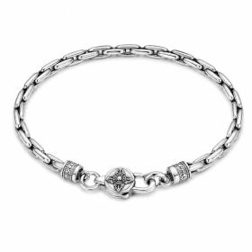 Antique Four-Petal Flower Oval Link Bracelet For Men, Copper Plated Silver Oxidized Vintage Biker Toggle Clasp Thick Chain Wrist Jewelry Gift (Option: 18cm)