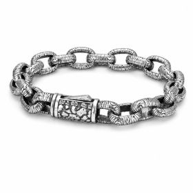 Antique Bark Textured Thick Oval Link Bracelet For Men, Copper Plated Silver Vintage Oxidized Biker Punk Heavy Duty Wrist Jewelry Gift (Option: 18cm)