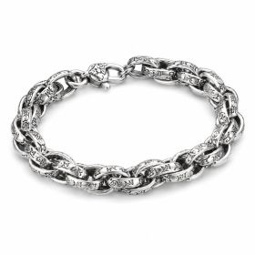 Antique Scroll Engraved Thick Curb Chain Bracelet For Men, Copper Plated Silver Oxidized Vintage Biker Punk Heavy Link Wrist Jewelry Gift (Option: 18cm)