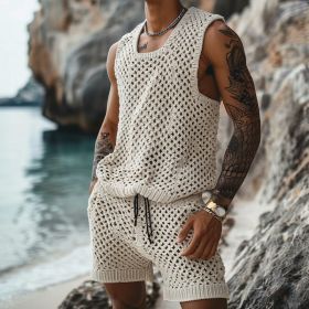 Casual Vertical Pattern Suit Slim Lapel Short Sleeve Button Shirt Shorts (Option: Milky White-M)