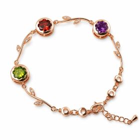 Rose Gold Branch Leaf Multicolor CZ Link Bracelet For Women, Copper Plated Silver Adjustable Extension Chain Floral Gem Wedding Daily Jewelry Gif (Option: With extension chains)