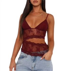 Lace Stitched Backless Small Sling Women V Neck Tank Top Underwear Vest Candy Color Bralette Clothes (Option: Wine Red-S)