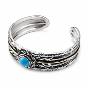 Vintage Native Feather Turquoise Open Cuff Bangle For Men Women, Copper Plated Silver Two-Tone Oxidized Western Tribal Adjustable Wrist Jewelry G (Option: Adjustable opening)