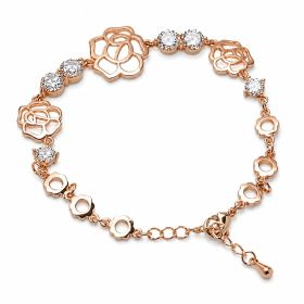 Rose Gold Openwork Rose Flower Cubic Zirconia Link Bracelet For Women, Copper Plated Silver Adjustable Extension Chain Floral Dainty Wedding Dail (Option: With extension chains)