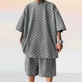 Jacquard Plaid Loose Straight Casual Shorts Suit (Option: Dark Gray-S)