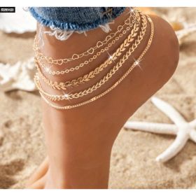5Pcs Bohemian Airplane Chain Ankle Chain Fashion Design Heart-shaped Chain Anklets Women's Summer Beach On Foot Chain Jewelry (Option: Gold)