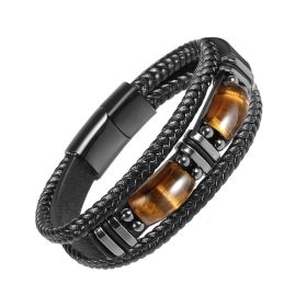 Natural Tiger Eye Stone Bracelet For Men Women - Handmade Leather Braided Healing Bracelet, Courage & Luck Meaning, Birthday Christmas Gift (Option: Black)